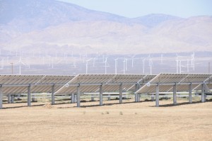 Solar panels with wind turbines in background